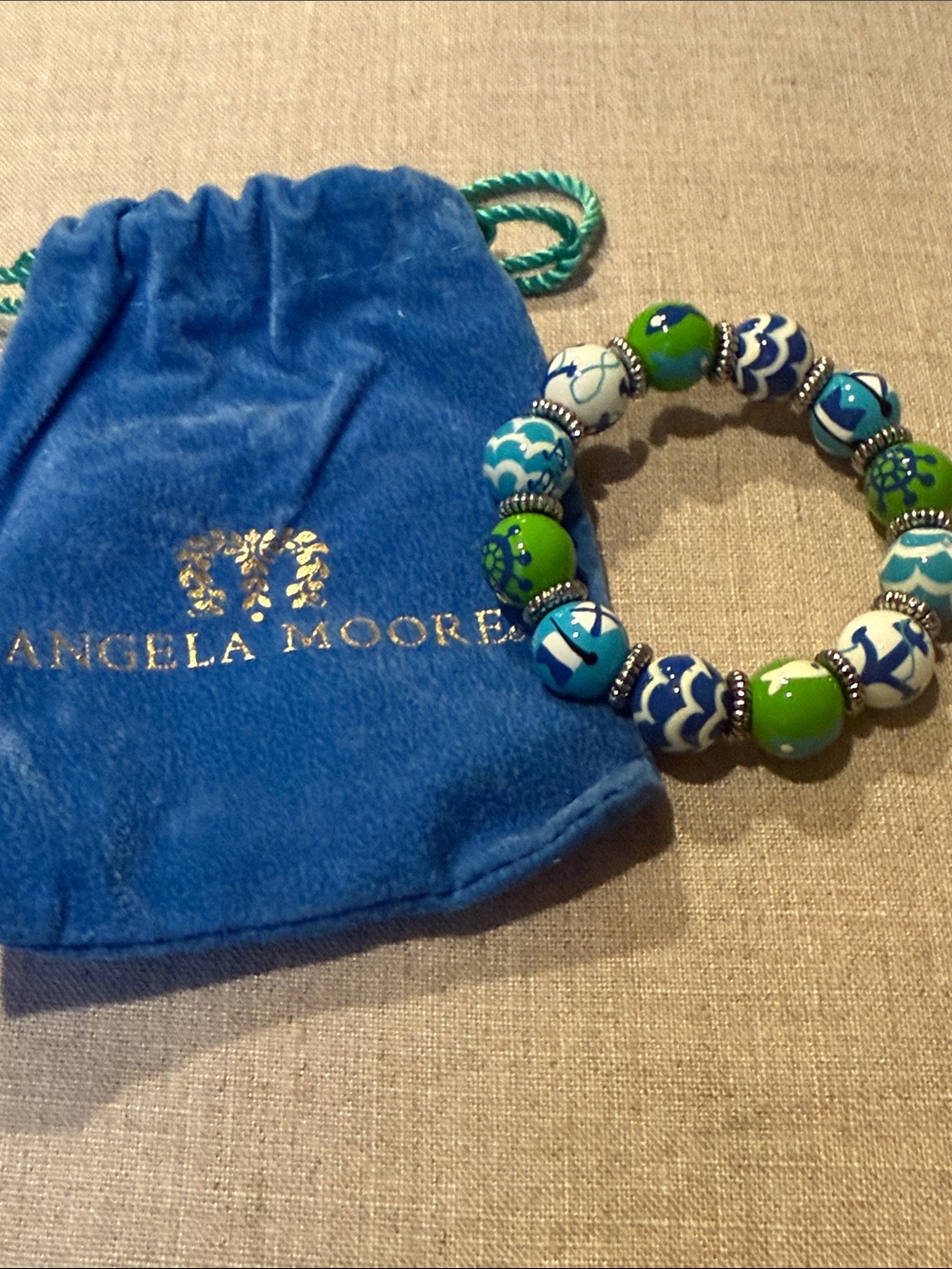 Angela Moore Blue, Green & White Beaded Nautical Stretch Bracelet